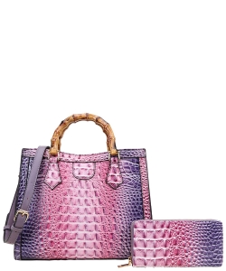 2in1 Crocodile Bamboo Handle Tie-dyed Satchel & Wallet CE-9160W LAVENDER
